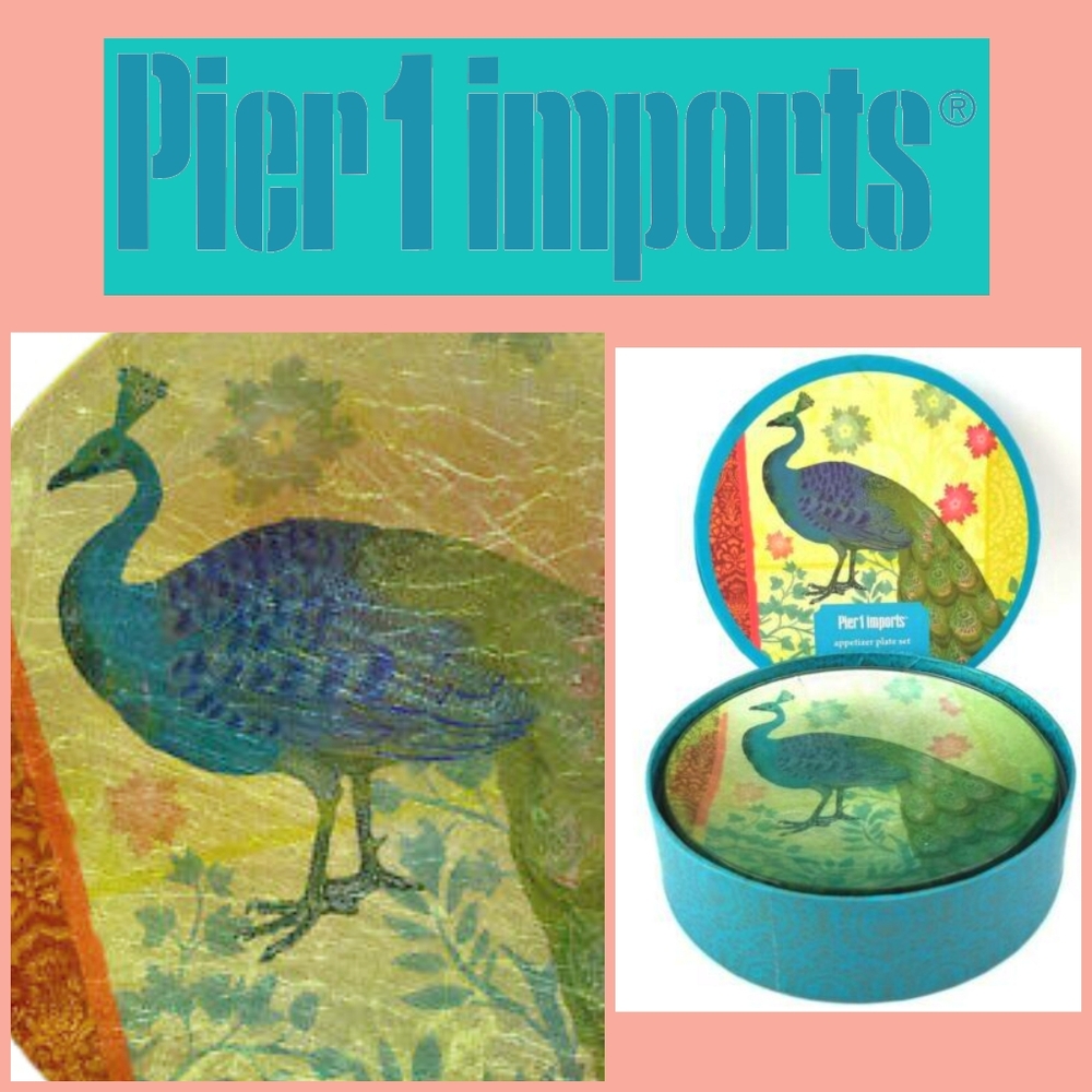 🦚 NIB Peacock Appetizer Plates + Display Stands